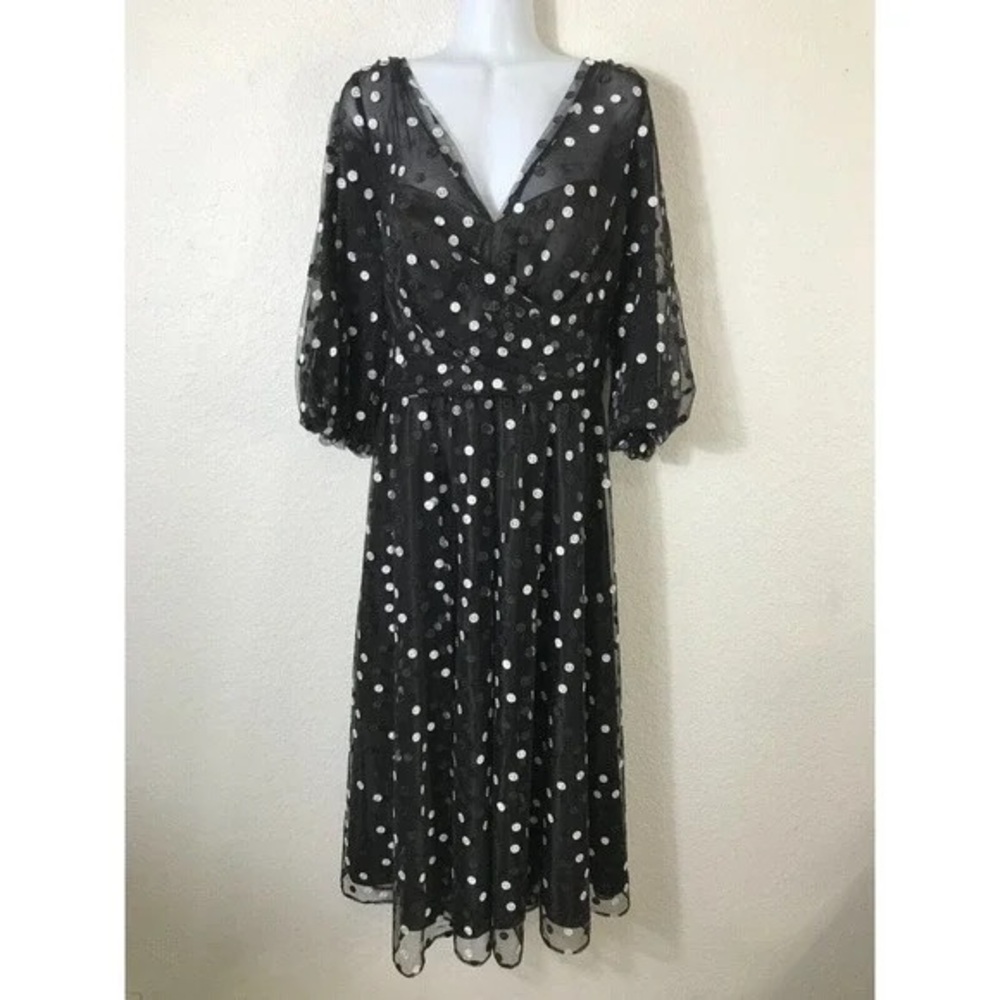 Carmen Marc Valvo Infusion Dress Womens 12 Embroidered Polka Dot 3/4 Sleeve